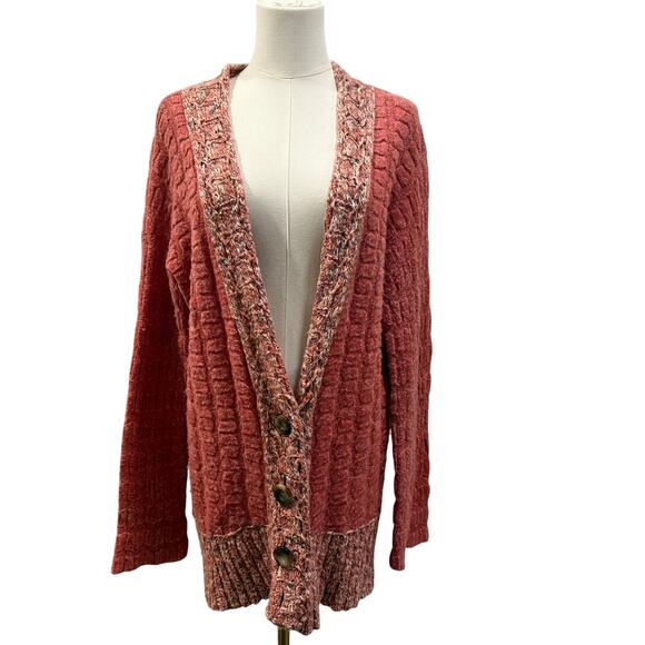 Free People Textured Button Front Chunky Knit Cardigan Sweater Pink Medium Cozy - Picture 1 of 7